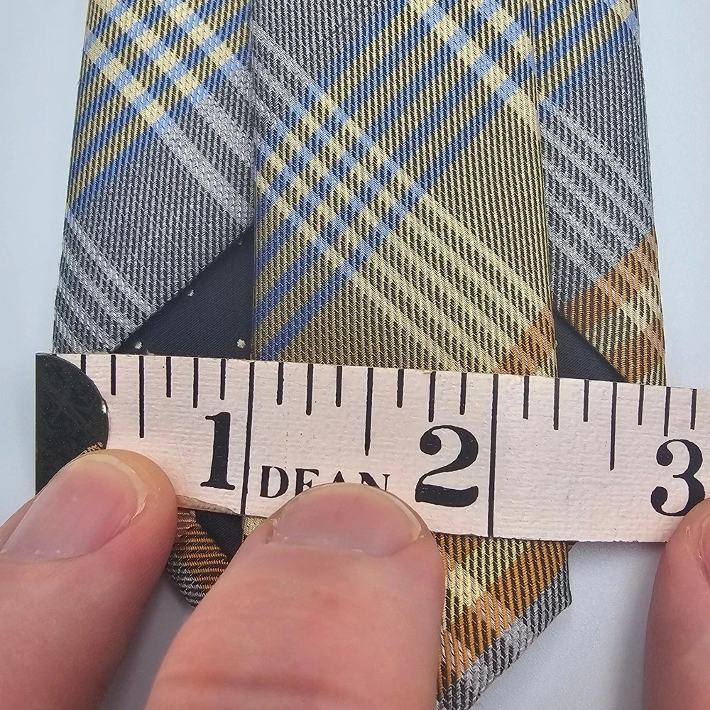 Dockers Slim Tie‎ Gold Gray Blue Plaid Tartan Silk Blend Hand Made Men's Necktie
